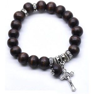 Wood Beads Rosary Bracelet Medal & Catholic Cross Religious Prayer Chaplet